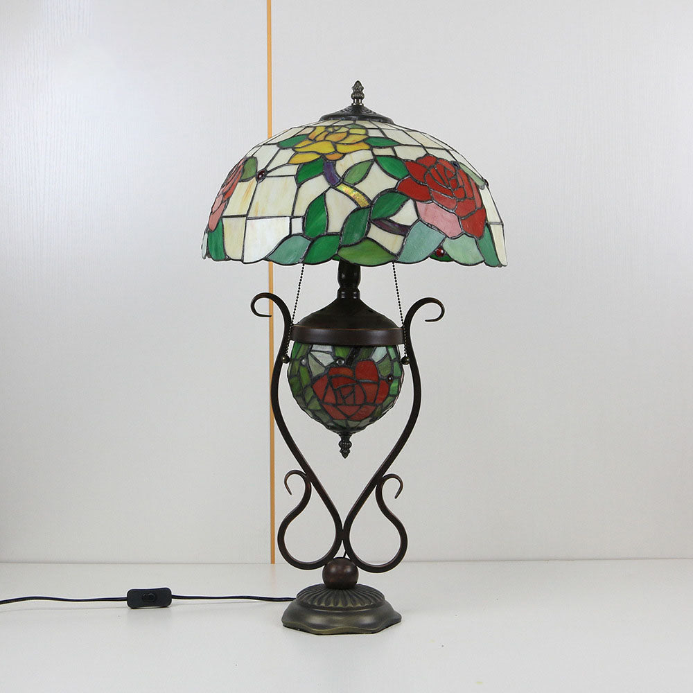 Tiffany European Vintage Floral Stained Glass Round Pot 3-Light Table Lamp