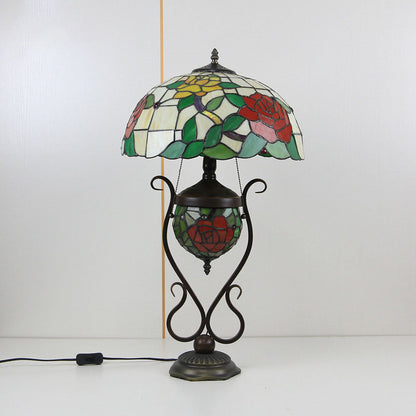 Tiffany European Vintage Floral Stained Glass Round Pot 3-Light Table Lamp