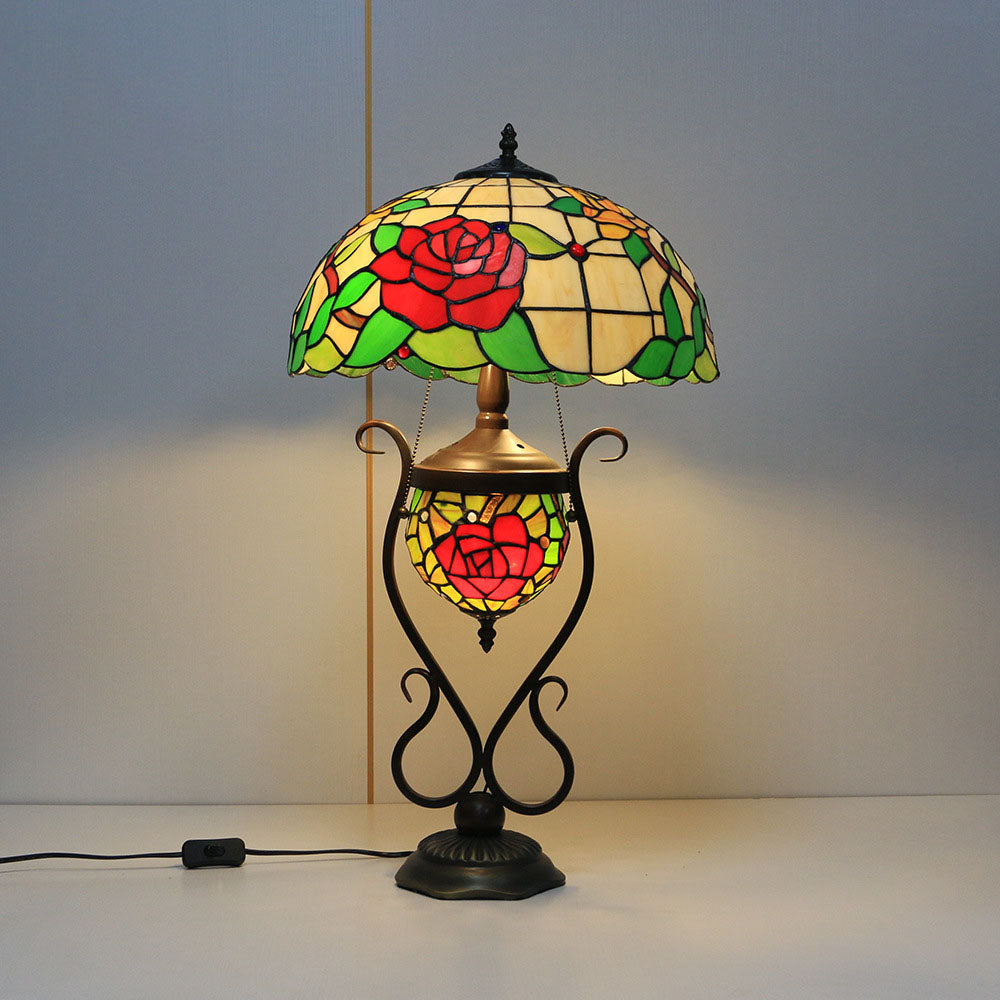 Tiffany European Vintage Floral Stained Glass Round Pot 3-Light Table Lamp