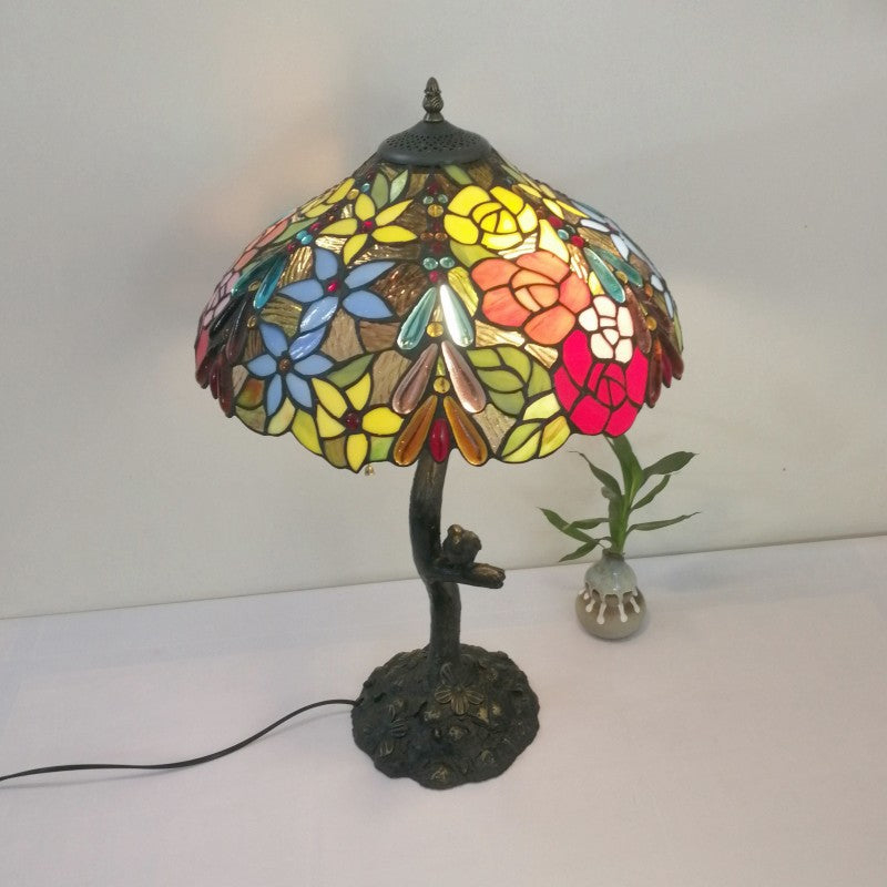 Traditional Tiffany Flower Stained Glass Resin Base 2-Light Table Lamp For Living Room
