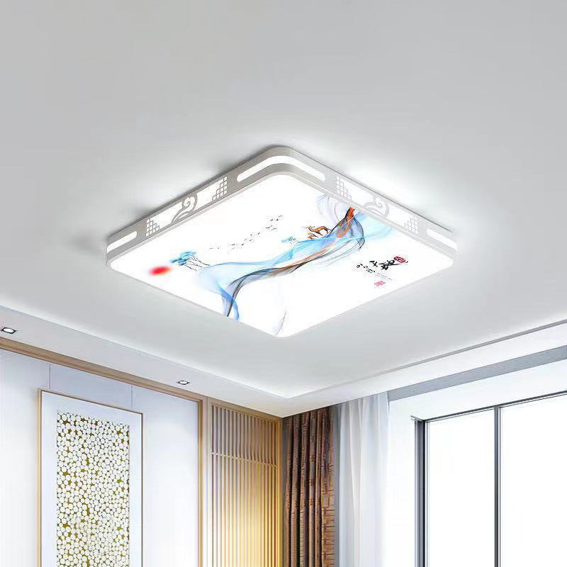 Traditional Chinese Iron Acrylic Round Square Rectangular Landscape Painting LED Flush Mount Ceiling Light For Living Room