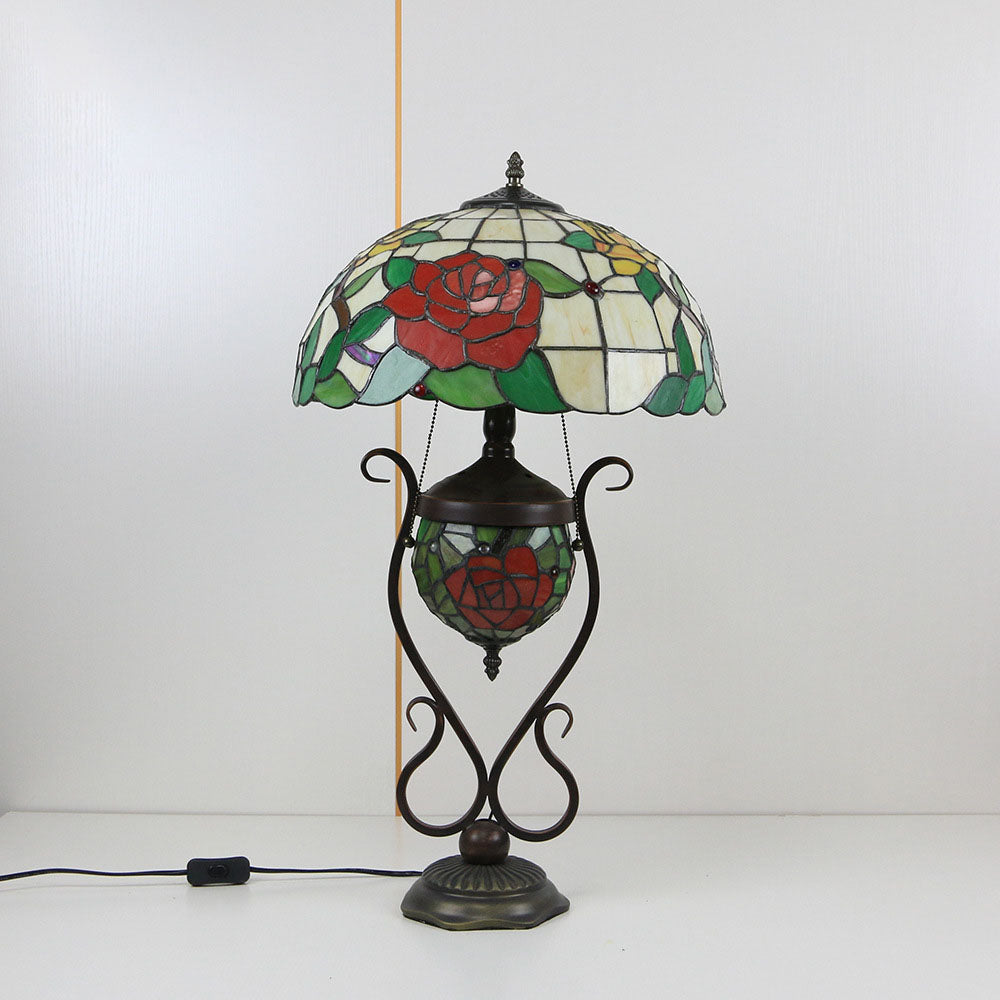 Tiffany European Vintage Floral Stained Glass Round Pot 3-Light Table Lamp
