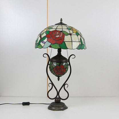 Tiffany European Vintage Floral Stained Glass Round Pot 3-Light Table Lamp