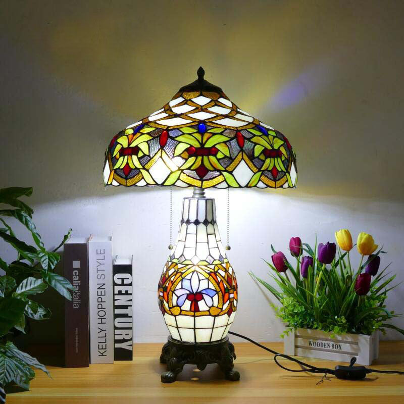 Traditional Tiffany Baroque Umbrella Resin Stained Glass 3-Light Table Lamp For Bedroom