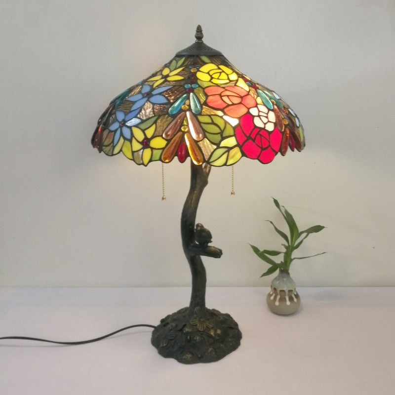 Traditional Tiffany Flower Stained Glass Resin Base 2-Light Table Lamp For Living Room