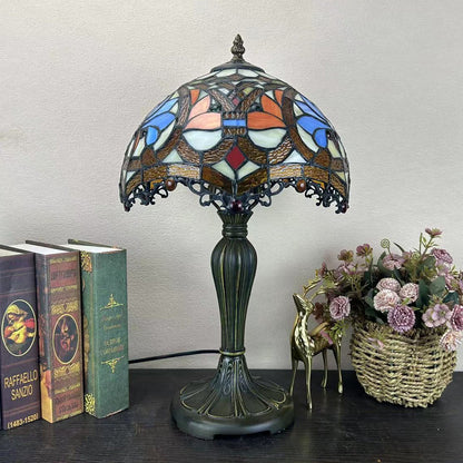 Traditional Tiffany Metal Glass Dome Grape Flower Dragonfly Butterfly 1-Light Table Lamp For Bedside
