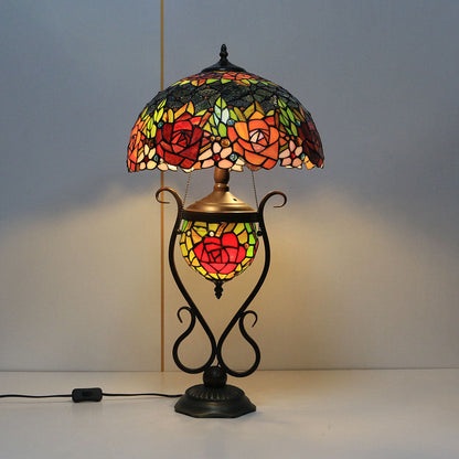 Tiffany European Vintage Floral Stained Glass Round Pot 3-Light Table Lamp