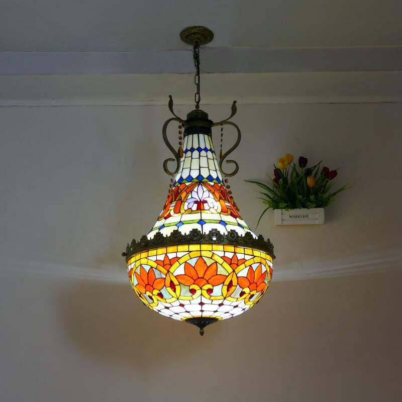 Traditional Vintage Half Round Table Teardrop Iron Glass 5/8 Light Pendant Light For Living Room
