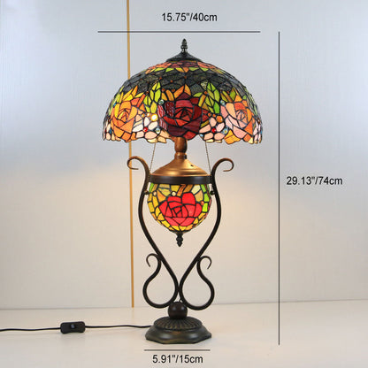 Tiffany European Vintage Floral Stained Glass Round Pot 3-Light Table Lamp