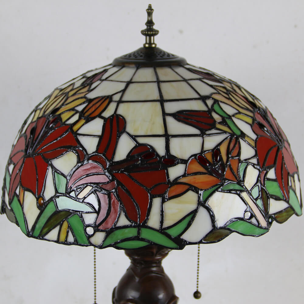 Tiffany European Retro Flowers Stained Glass Pull Cord 1-Light Table Lamp