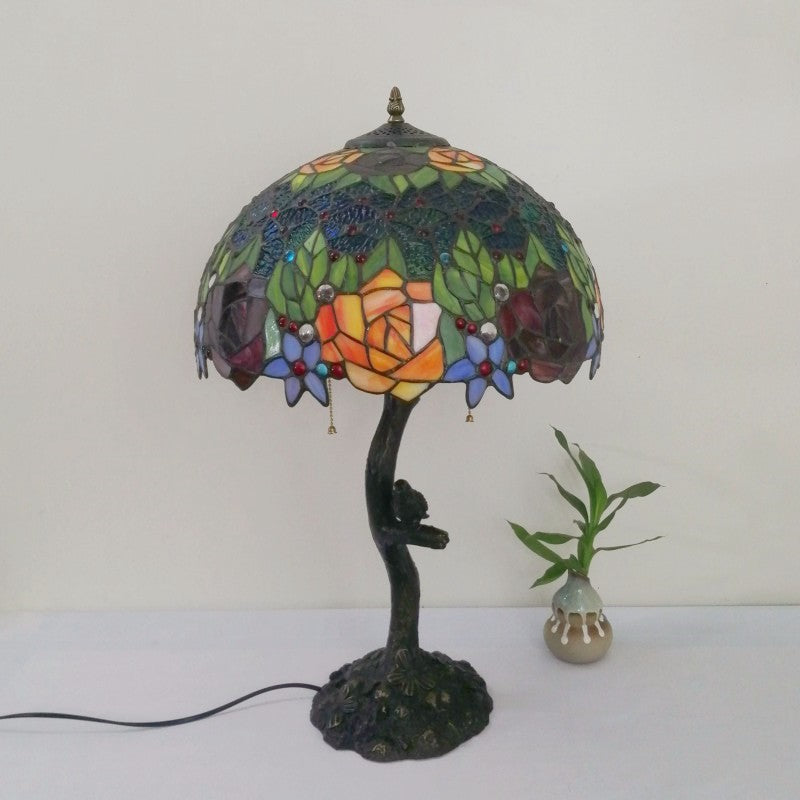 Traditional Tiffany Flower Stained Glass Resin Base 2-Light Table Lamp For Living Room