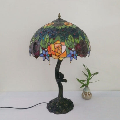 Traditional Tiffany Flower Stained Glass Resin Base 2-Light Table Lamp For Living Room