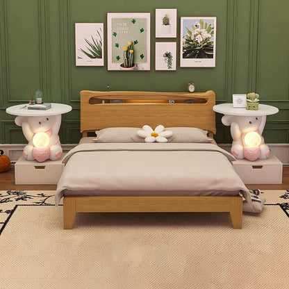 Modern Art Deco Kids Rabbit Round Plate Rectangular Drawer Resin Wood Enamel End Table 1-Drawer With LED Light For Bedroom