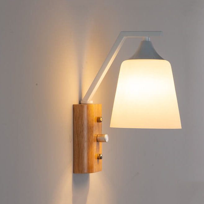 Modern Solid Wood Glass Bell Shade 1-Light Wall Sconce Lamp