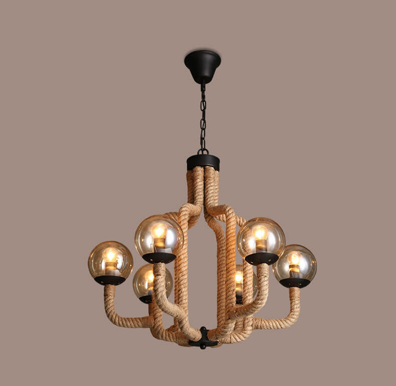Vintage Hemp Rope Glass Sphere 6-Light Chandelier