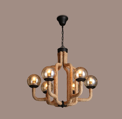 Vintage Hemp Rope Glass Sphere 6-Light Chandelier