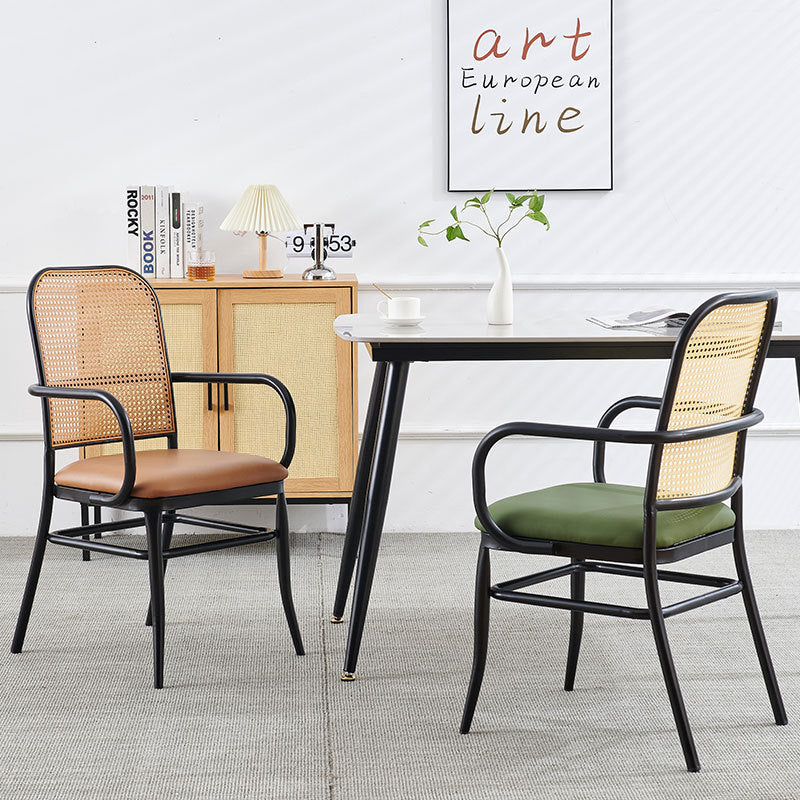 Traditional Vintage PE Imitation Rattan Nappa Leather Upholstered Dining Chair Backrest Armrest For Dining Room