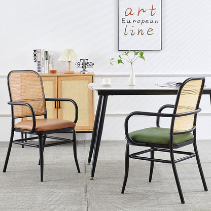 Traditional Vintage PE Imitation Rattan Nappa Leather Upholstered Dining Chair Backrest Armrest For Dining Room
