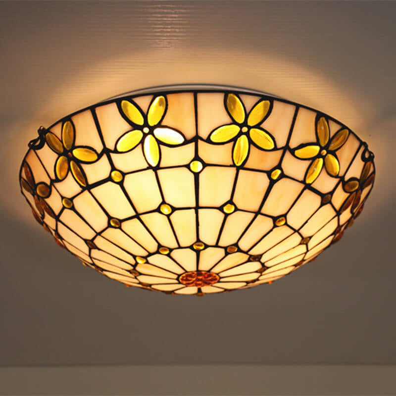 Tiffany Stained Glass Lilac Flower Bowl Shape 3/4 Light Flush Mount Ceiling Light