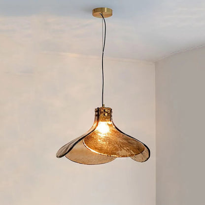 Vintage Amber Glass Floral Brass 1-Light Pendant Light