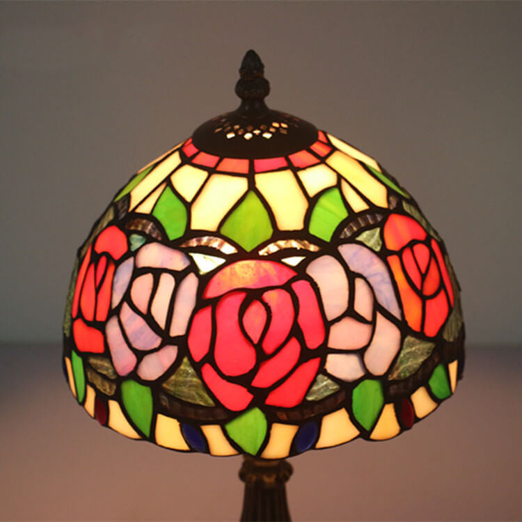 Retro Tiffany Flowering Rose Stained Glass 1-Light Table Lamp