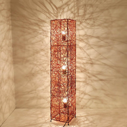 Minimalist Rattan Weaving Column Shaped 3-Light Standing Floor Lamp