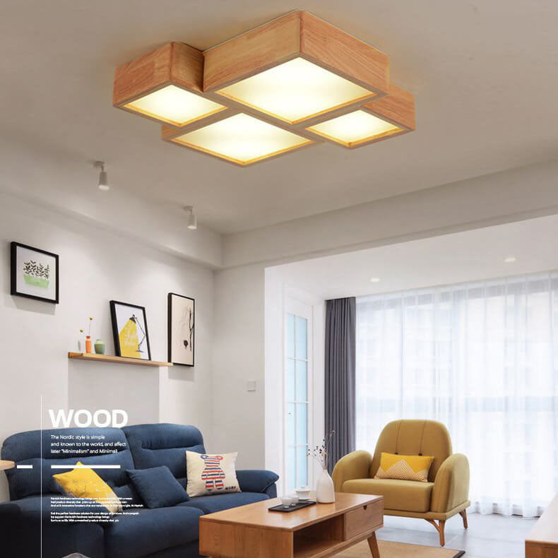 Nordic Solid Wood Square LED Flush Mount Ceiling Light