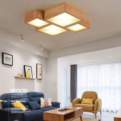 Nordic Solid Wood Square LED Flush Mount Ceiling Light