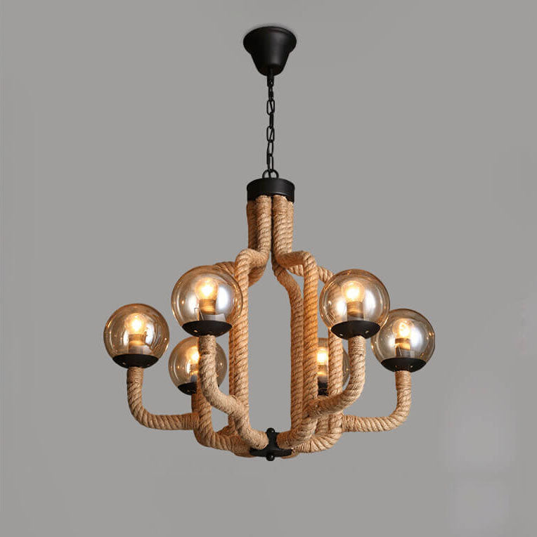 Vintage Hemp Rope Glass Sphere 6-Light Chandelier
