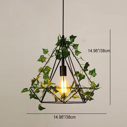 Contemporary Retro Iron Hemp Rope Simulated Greenery Diamond Sakura Leaf 1-Light Pendant Light For Dining Room