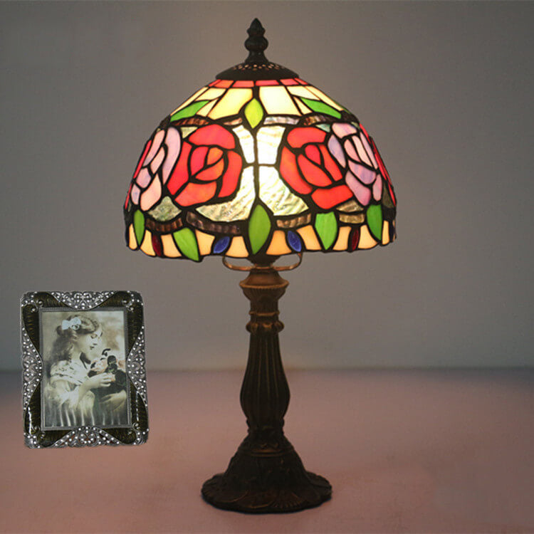 Retro Tiffany Flowering Rose Stained Glass 1-Light Table Lamp