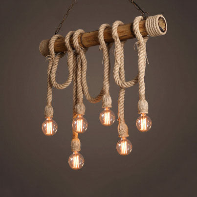 Industrial Vintage Twine Wooden Stick 3/6 Light Chandelier