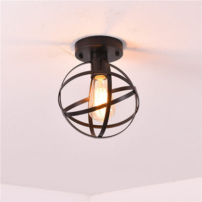 Vintage Wrought Iron Spherical  Cage 1-Light Semi-Flush Mount Ceiling Light