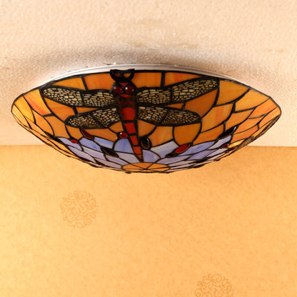 European Tiffany Orange Dragonfly Glass 2/3 Light Flush Mount Ceiling Light