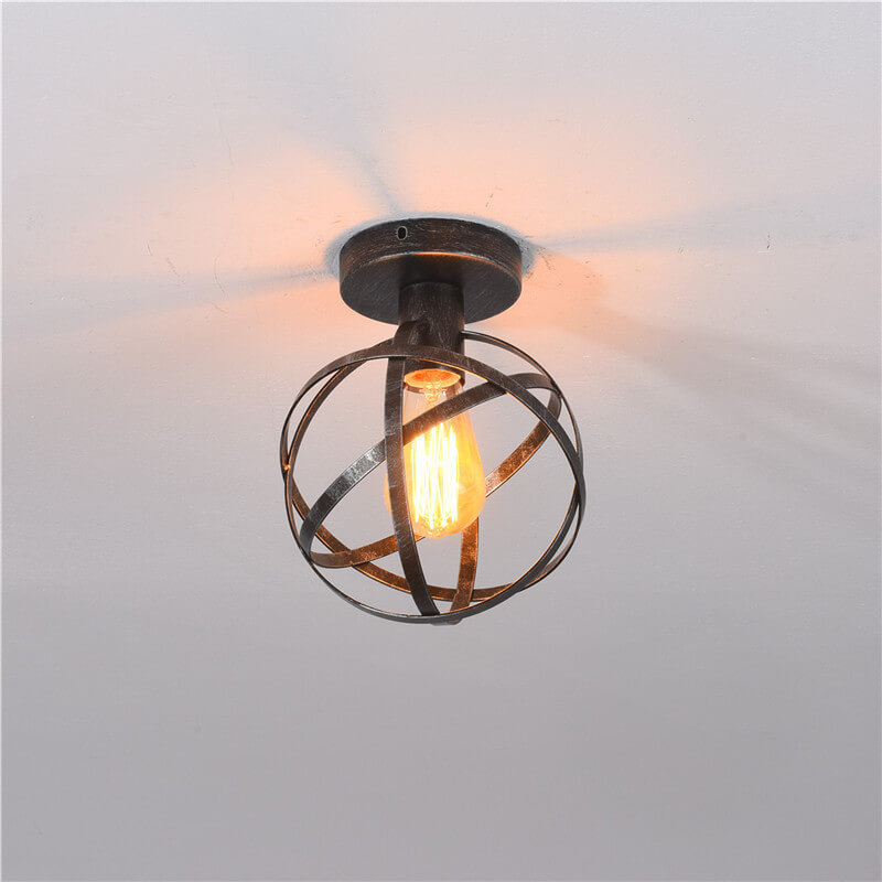 Vintage Wrought Iron Spherical  Cage 1-Light Semi-Flush Mount Ceiling Light