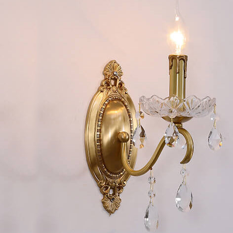 French Vintage Brass Crystal Candle Shade 1/2 Light Wall Sconce