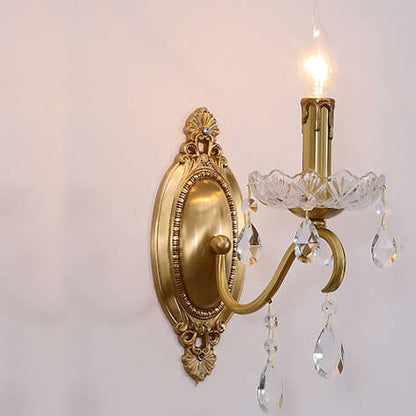 French Vintage Brass Crystal Candle Shade 1/2 Light Wall Sconce