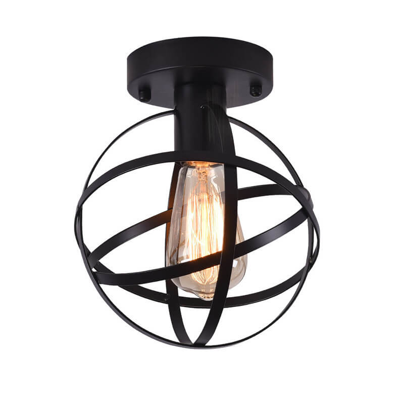 Vintage Wrought Iron Spherical  Cage 1-Light Semi-Flush Mount Ceiling Light