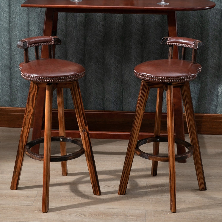 Contemporary Retro Round Faux Leather Wood Legs Swivel Bar Stool Low Back Footrest For Dining Room