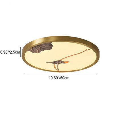 Traditional Chinese Copper Acrylic Round Lotus Bamboo Ginkgo Leaves LED Flush Mount Ceiling Light For Living Room