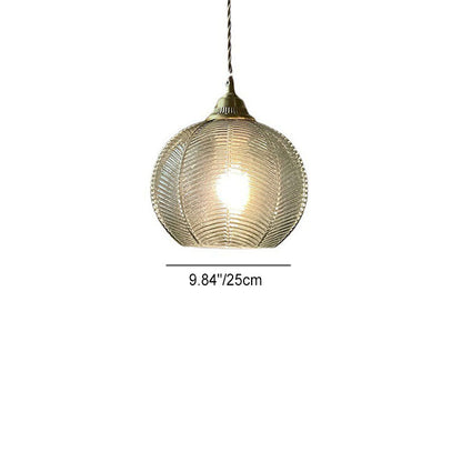 Contemporary Creative Round All Brass Striped Glass 1-Light Pendant Light For Living Room