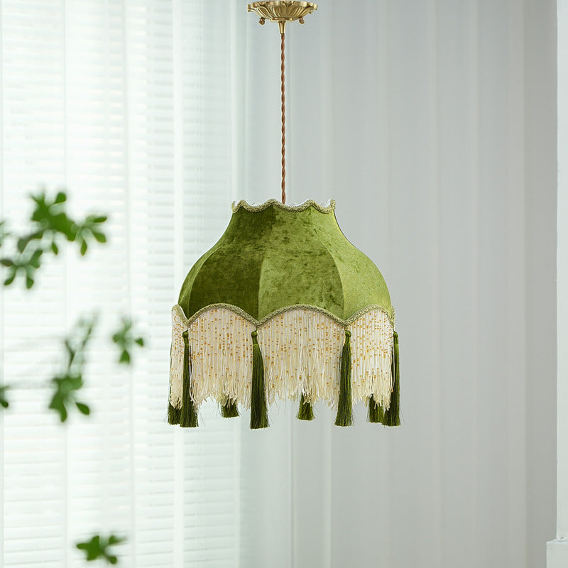 French Vintage Fabric Tassel Lampshade Brass 1-Light Pendant Light