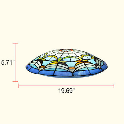 European Stained Glass Tiffany Round Various Pattern Designs 2/3 Light Flush Mount Light