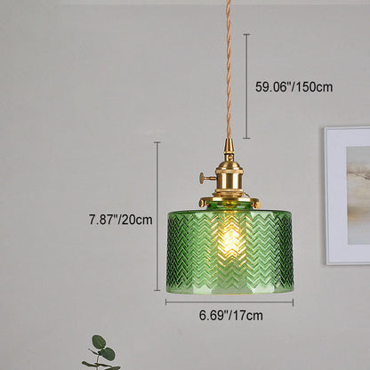 Traditional Vintage Antique Brass Ribbed Glass Cylinder Shade 1-Light Pendant Light For Living Room
