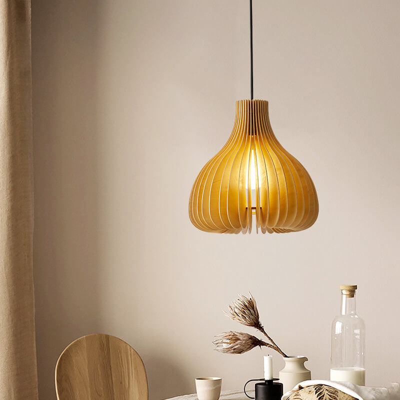 Traditional Solid Wood Sydney Shaped Hollow Japanese 1-Light Pendant Light