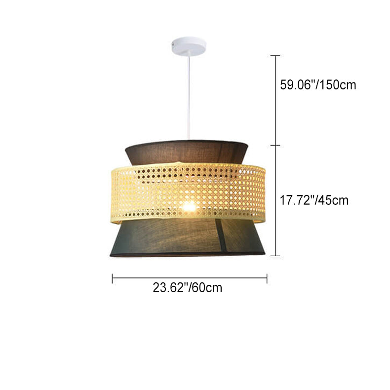 Traditional Japanese Rattan Weaving Fabric Round Shade 1-Light Pendant Light For Dining Room