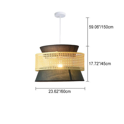 Traditional Japanese Rattan Weaving Fabric Round Shade 1-Light Pendant Light For Dining Room