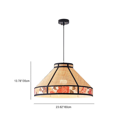 Contemporary Vintage Round Cone Raffia Hardware 1-Light Pendant Light For Living Room