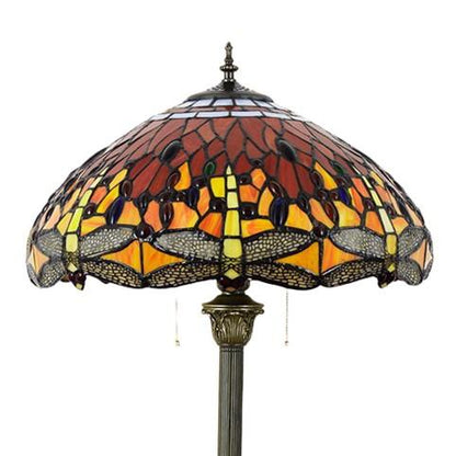Vintage Tiffany Stained Glass Red Dragonfly 2-Light Standing Floor Lamp