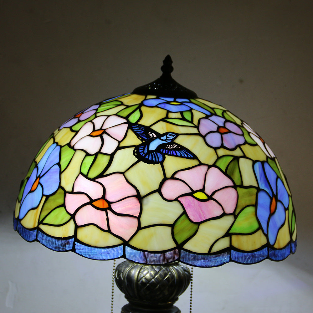 Traditional Tiffany Resin Glass Dome Hemispheric Flower 2-Light Table Lamp For Bedside
